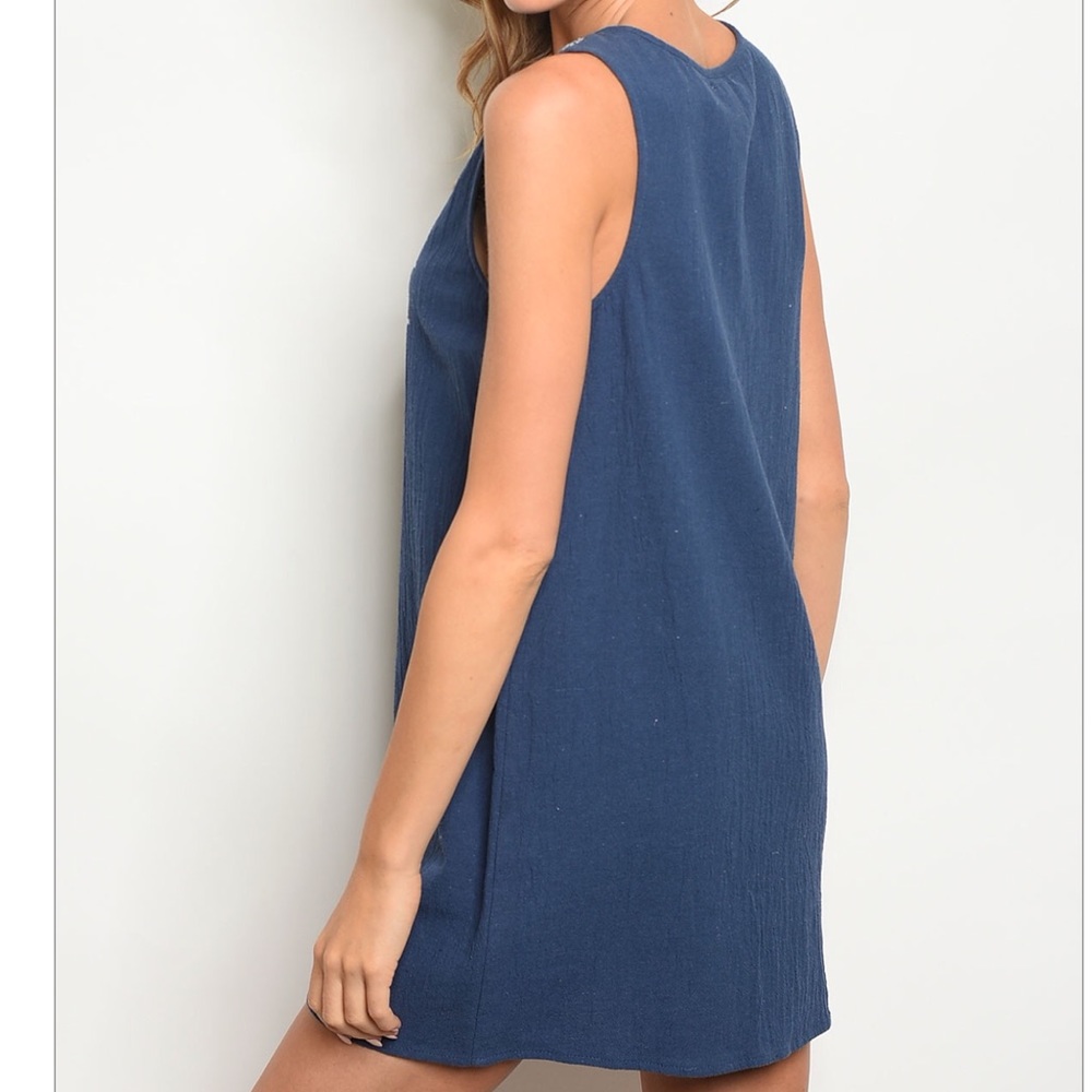 LAST Blue Embroidered Sleeveless Shift Dress - Picture 3 of 3